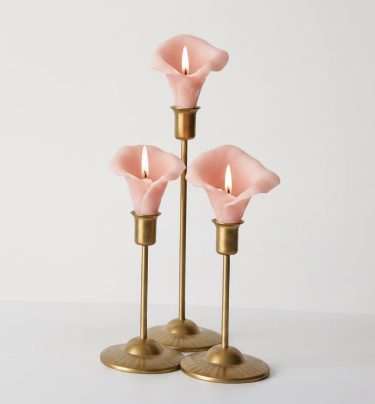 The Calla Lily Set | Hand-Formed Beeswax Taper Candles | Brass Holders | Petal Season