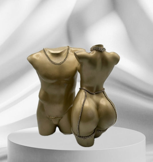 His & Hers Champagne Gold Body Sculpture Gift Set – 8" Male & Female Statues with Tray