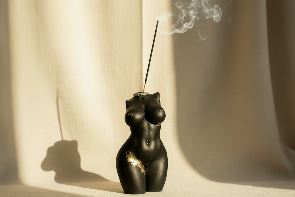 Black and gold decorative object resembling a female torso on a white background