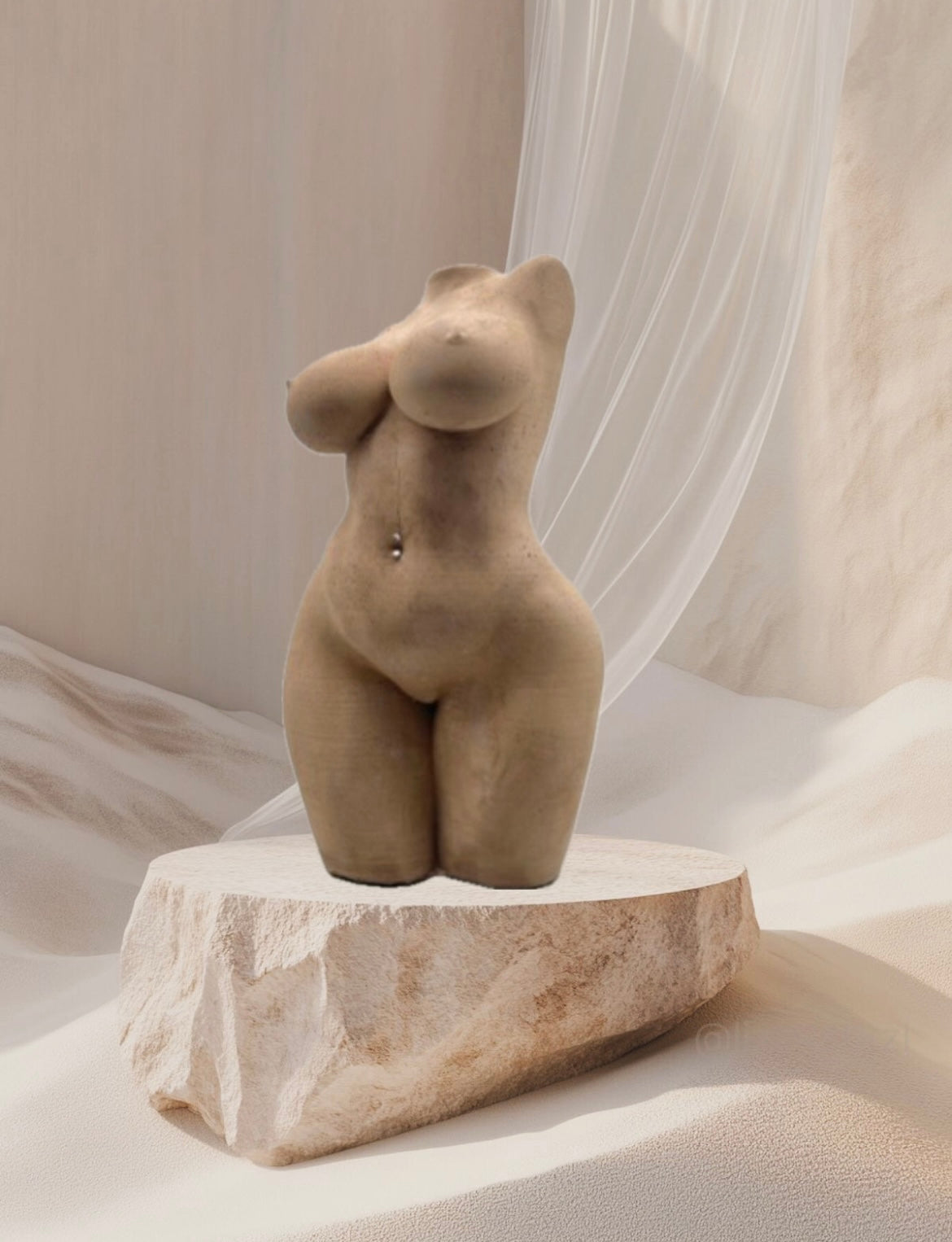 Stone sculpture of a nude figure on a pedestal with a soft, neutral background