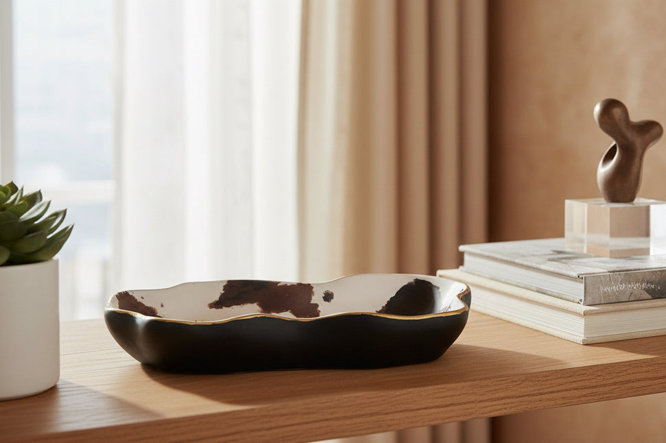 Ceramic dish with cow print design on a textured surface
