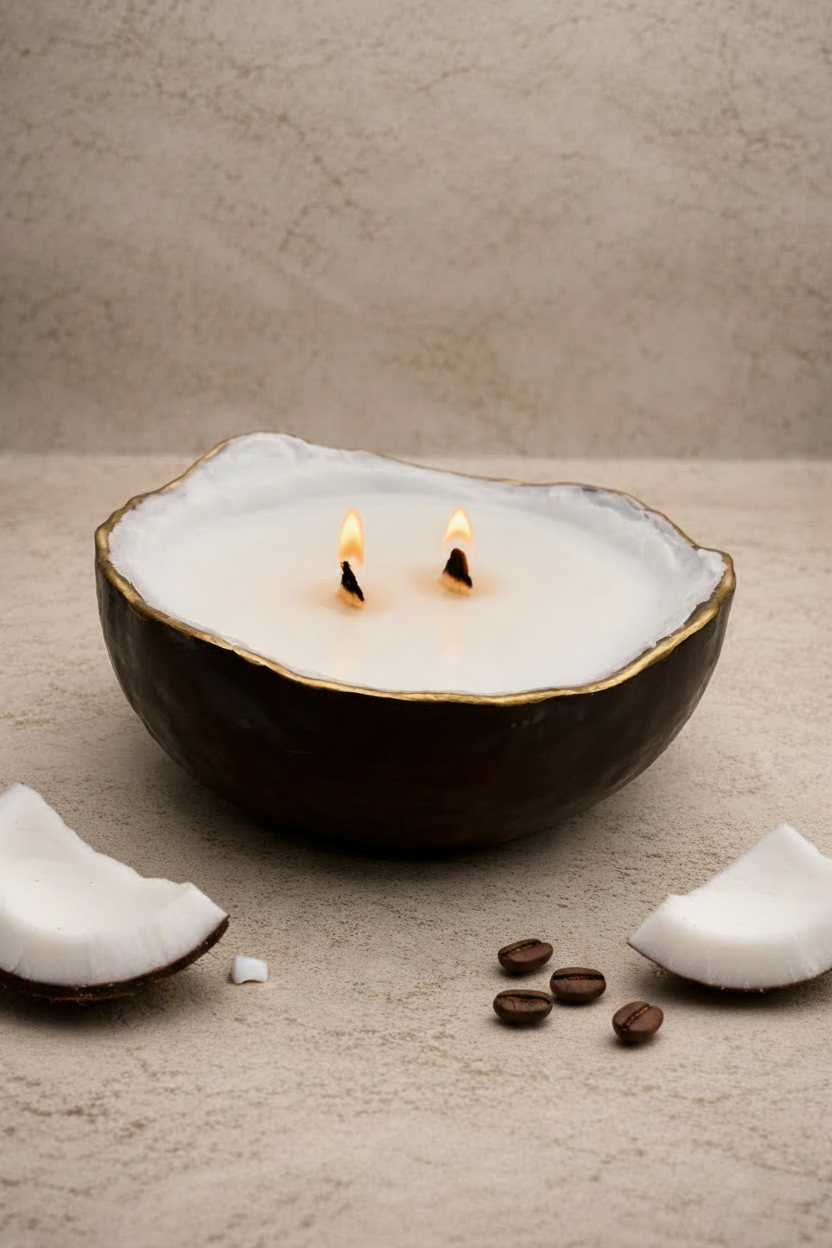 Cafe Coco | 9oz Coconut Shaped Candle with Wood Wick | Coconut Soy Wax