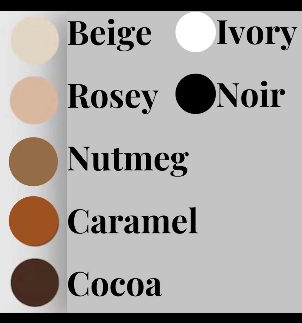 Color swatches with labels including Beige, Ivory, Rosey, Noir, Nutmeg, Caramel, and Cocoa on a gray background.